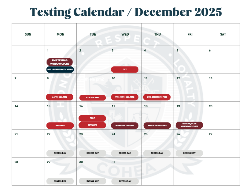 December Testing Calendar
